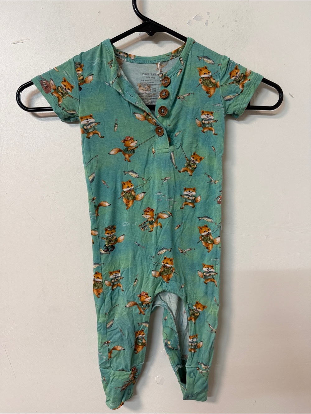 Posh Peanut Teal Fox Print Short-Sleeve Footie